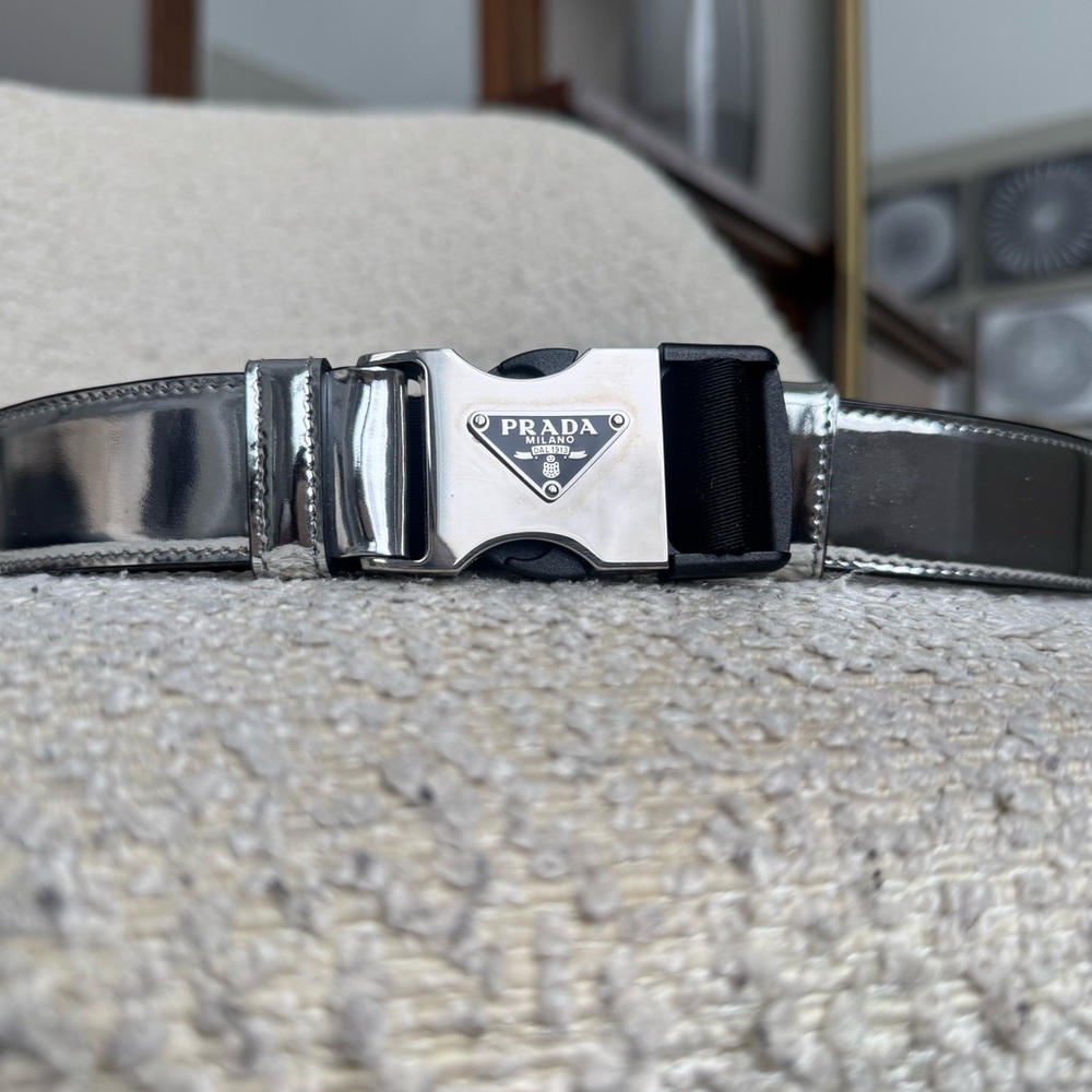Prada Metallic Spazzolato Leather and Woven Tape Belt - Picture 5 of 10